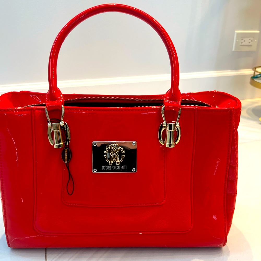 Red patent leather Roberto Cavalli tote bag with handle